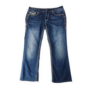 Rock Revival Faux Bootcut Jean Womens 32 Blue Excellent Fleur De Lis Embellished